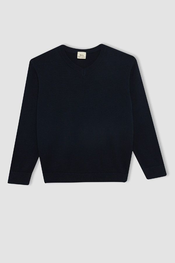 DEFACTO DEFACTO Boy Navy Blue V Neck Basic Plain Knitwear School Sweater