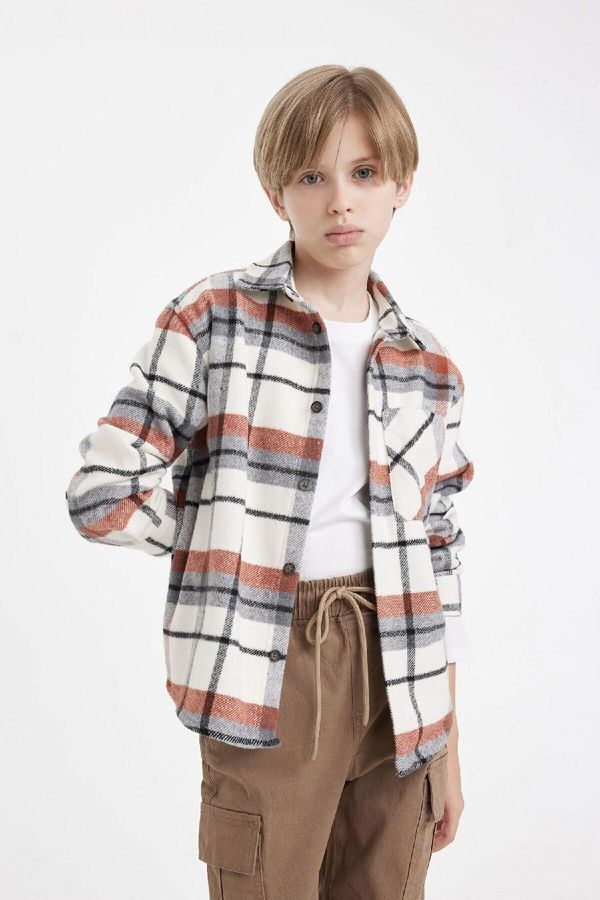 DEFACTO DEFACTO Boy Oversize Fit Polo Collar Flannel Long Sleeve Shirt