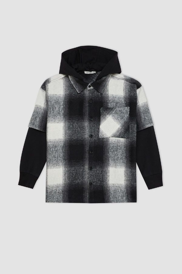 DEFACTO DEFACTO Boy Oversize Wide Pattern Hooded Flannel Long Sleeve Shirt