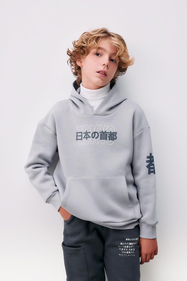 DEFACTO DEFACTO Boy Oversize Wide Pattern Hooded Printed Thick Sweatshirt