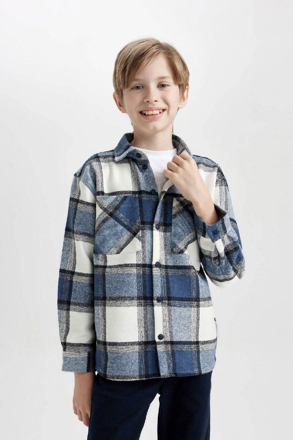 DEFACTO DEFACTO Boy Oversize Wide Pattern Polo Collar Flannel Long Sleeve Shirt