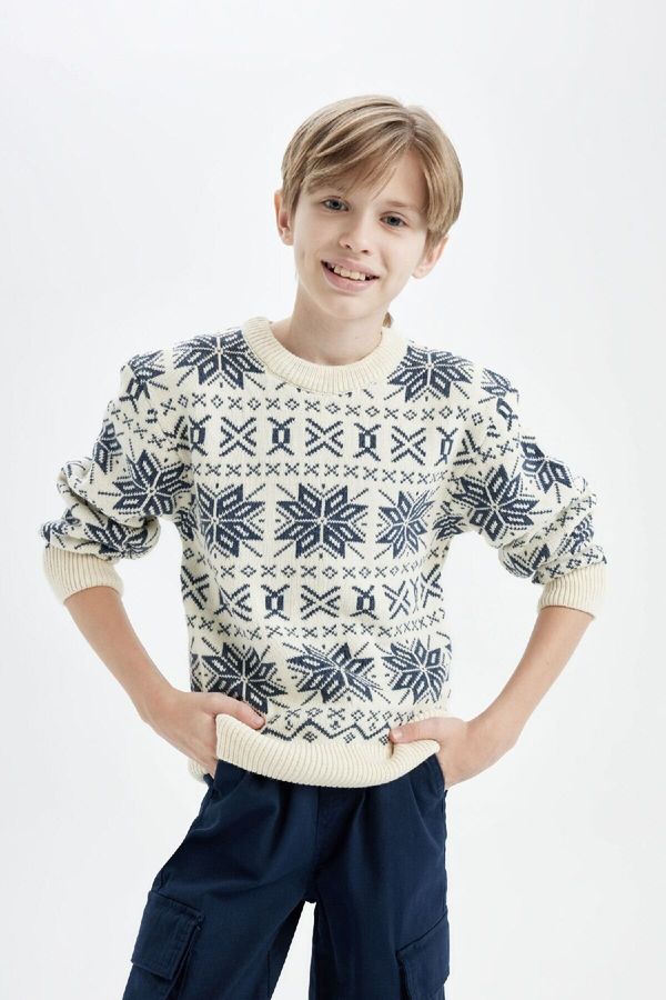 DEFACTO DEFACTO Boy Regular Fit Crew Neck Patterned Knitwear Sweater