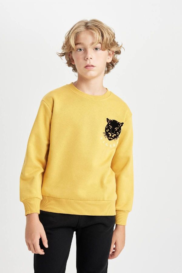 DEFACTO DEFACTO Boy Yellow Crew Neck Tiger Printed Sweatshirt