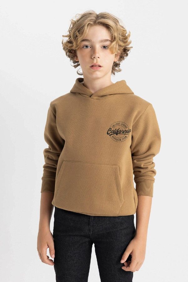 DEFACTO DEFACTO Boys Brown Pocket Text Printed Hooded Thick School Sweatshirt