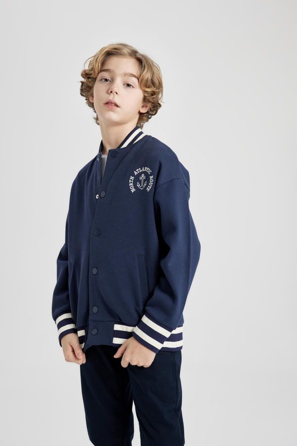 DEFACTO DEFACTO Boys College Collar Printed Snap Closure Double Pocket Seasonal Bomber Cardigan