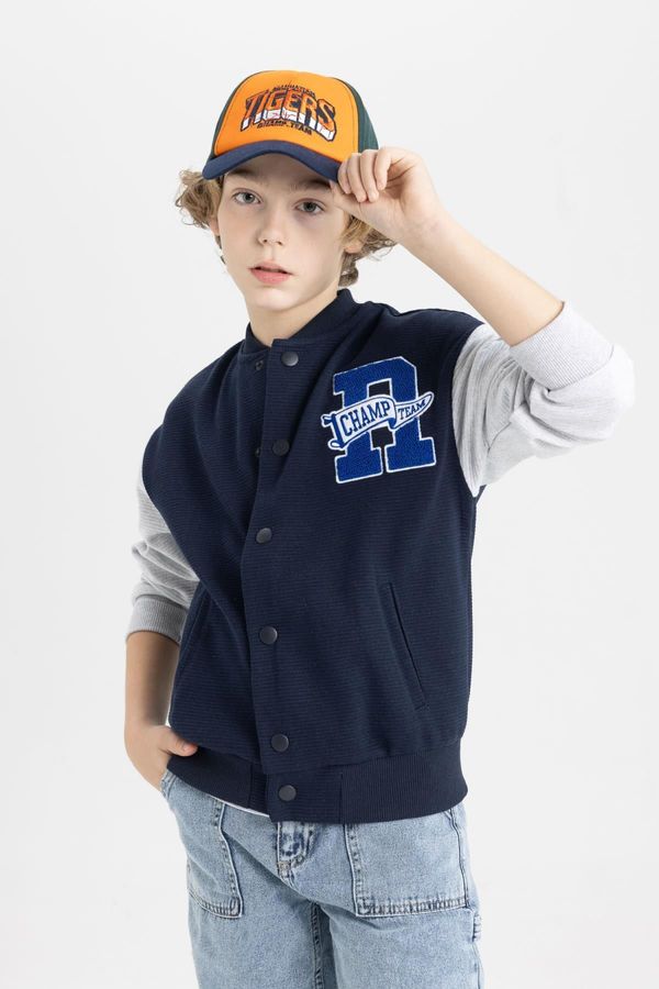 DEFACTO DEFACTO Boys College Collar Printed Snap Closure Double Pocket Seasonal Bomber Cardigan