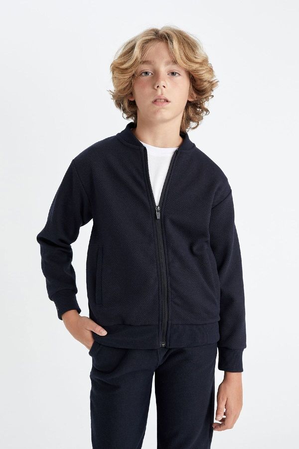 DEFACTO DEFACTO Boys College Collar Zipper Closure Double Pocket Seasonal Light Thin Bomber Cardigan