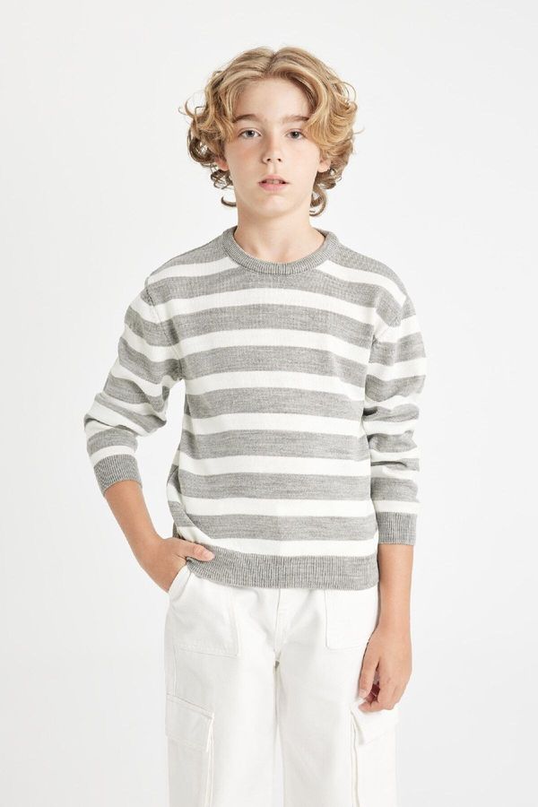 DEFACTO DEFACTO Boy's Gray Crew Neck Striped Knit Sweater