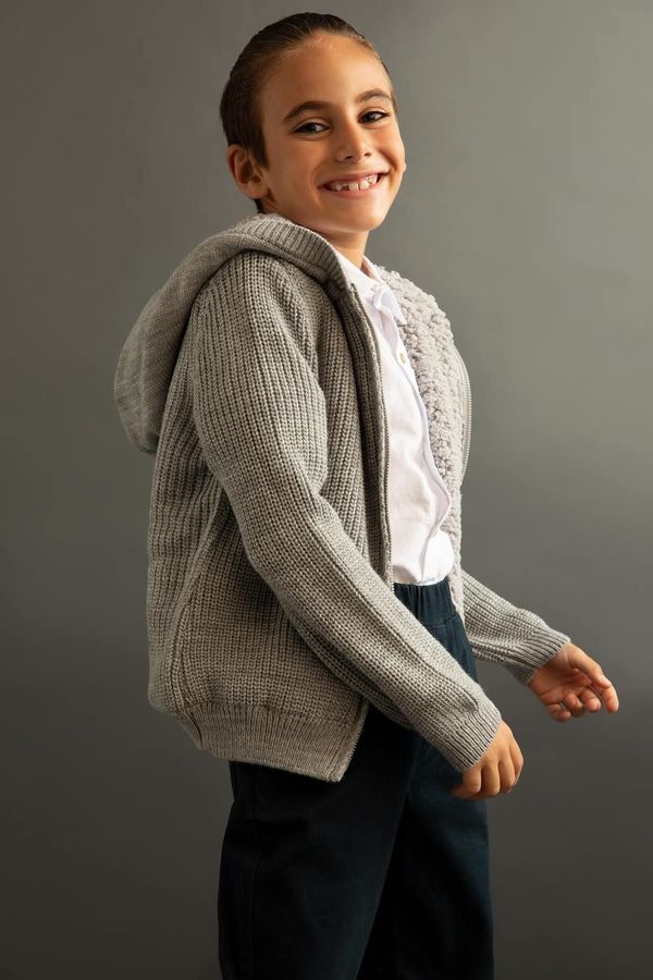 DEFACTO DEFACTO Boy's Gray Hooded Knitwear School Cardigan