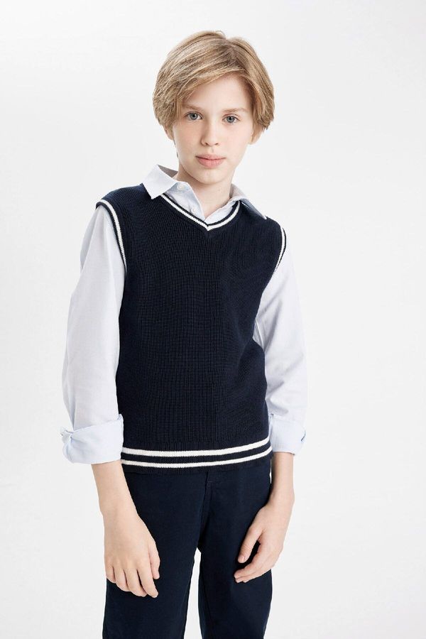 DEFACTO DEFACTO Boy's Navy Blue V Neck Knit School Sweater