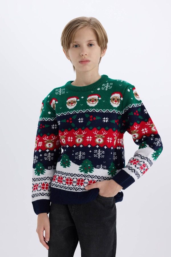 DEFACTO DEFACTO Boy's New Year's Themed Crew Neck Knitted Sweater