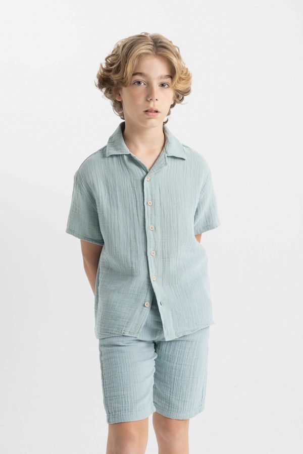 DEFACTO DEFACTO Boy's Oversize Fit Wide Pattern Polo Collar Muslin Short Sleeve Shirt