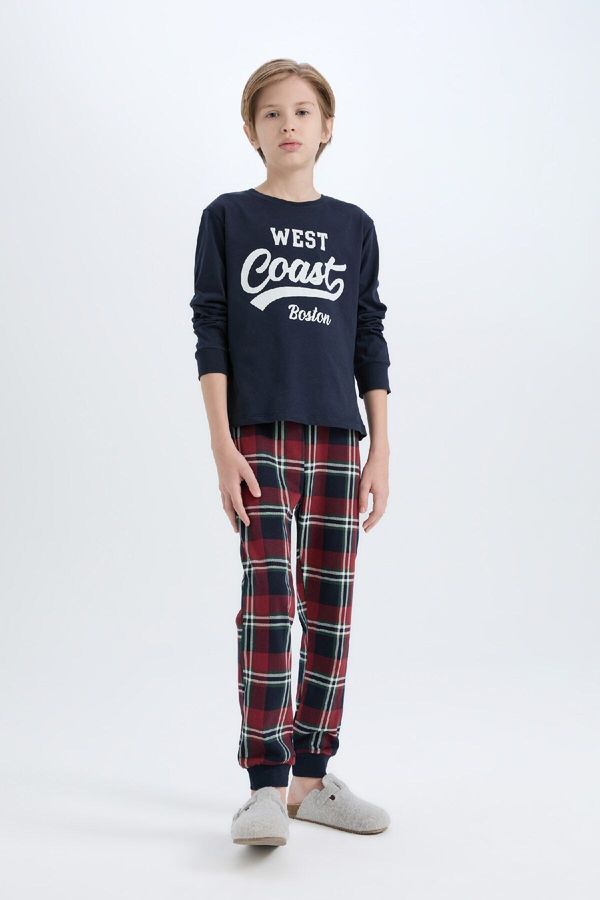 DEFACTO DEFACTO Boy's Pajama Set Crew Neck Printed Long Sleeve Top Plaid Long Bottom