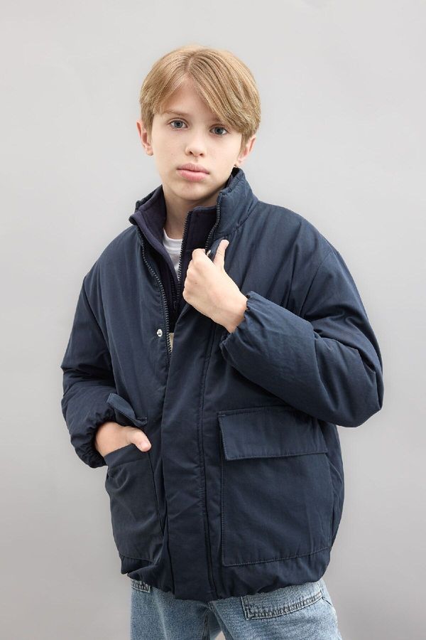 DEFACTO DEFACTO Boy's Water Repellent Stand Collar Zippered Snap Closure Pocket Coat