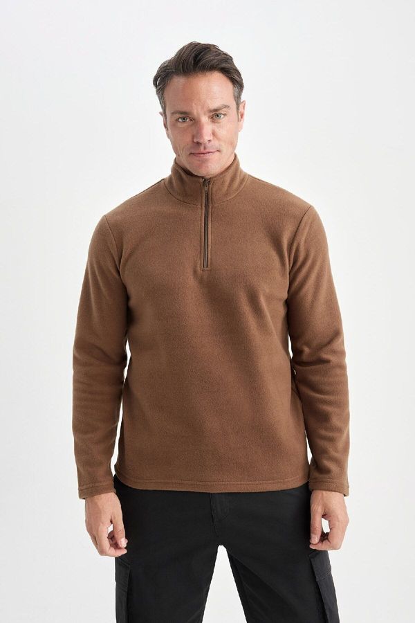 DEFACTO DEFACTO Brown Non-Pilling Cold-Proof Stand Collar Zip-Up Fleece Sweatshirt