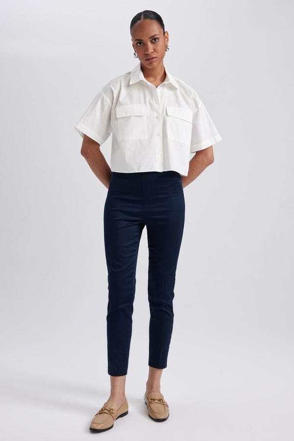 DEFACTO DEFACTO Cigarette Satin Pants Navy Blue Normal Waist Basic Straight Elastic Waist Straight Leg