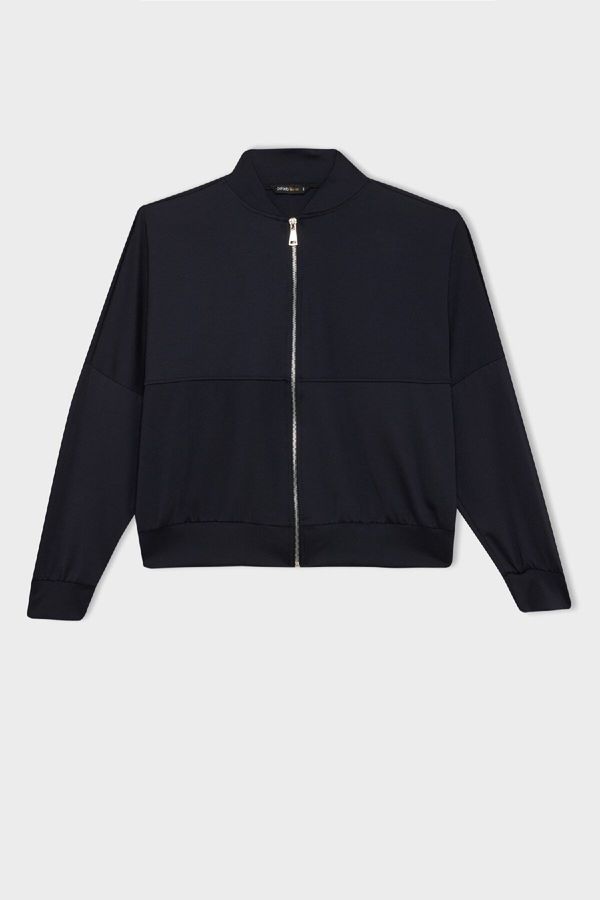 DEFACTO DEFACTO College Collar Zipper Pocket Basic Plain Bomber Cardigan