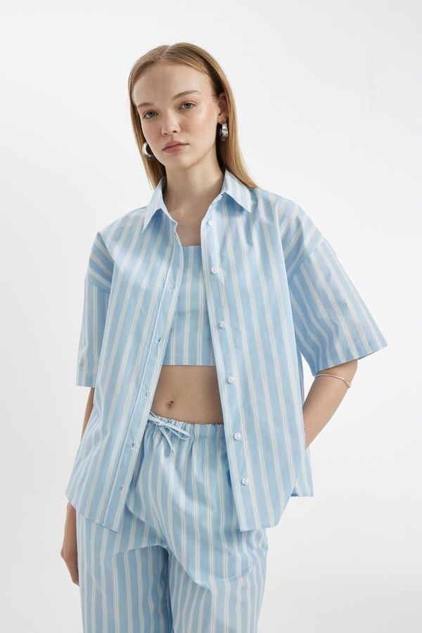 DEFACTO DEFACTO Cool Oversize Striped Poplin Short Sleeve Shirt