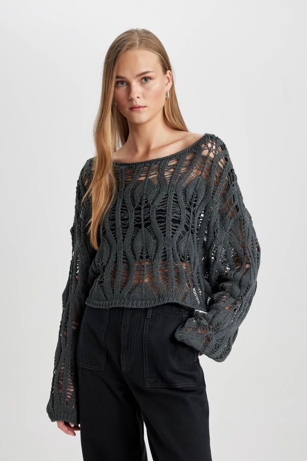 DEFACTO DEFACTO Cool Relax Fit Open Shoulder Crochet Sweater