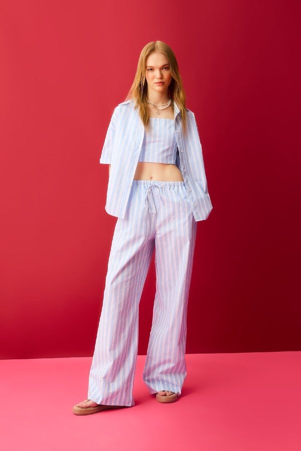 DEFACTO DEFACTO Cool Straight Fit Striped Mid Waist Poplin Trousers