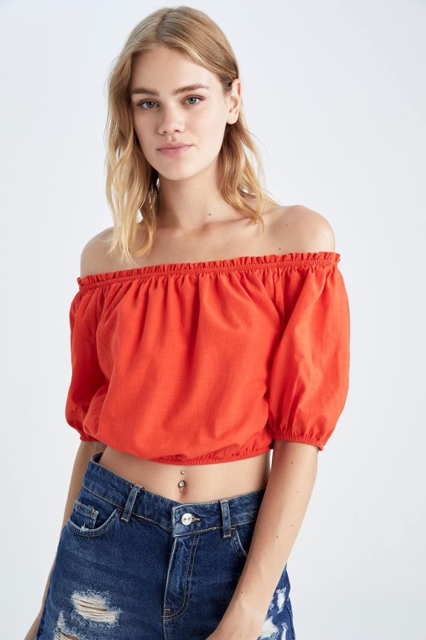 DEFACTO DEFACTO Crop Basic Off Shoulder Half Sleeve Linen Look Blouse