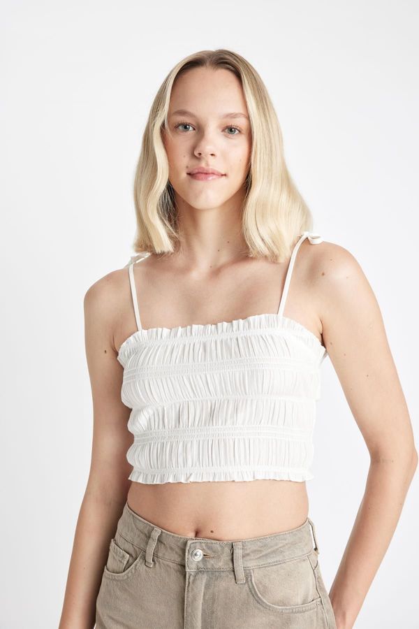 DEFACTO DEFACTO Crop Strap White Poplin Blouse