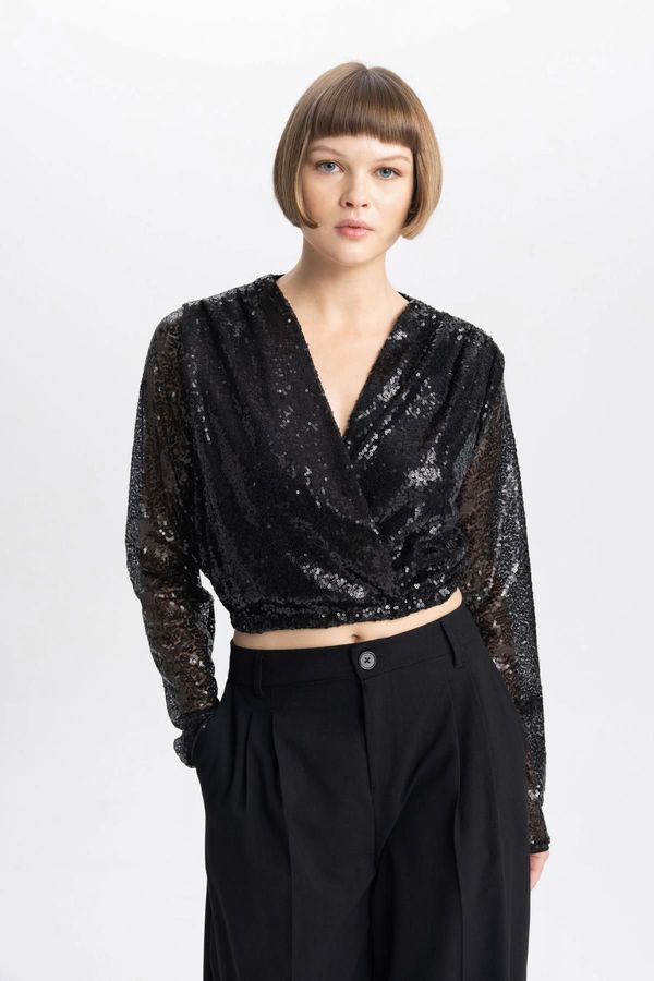 DEFACTO DEFACTO Crop Wrap Collar Sequined Long Sleeve Blouse