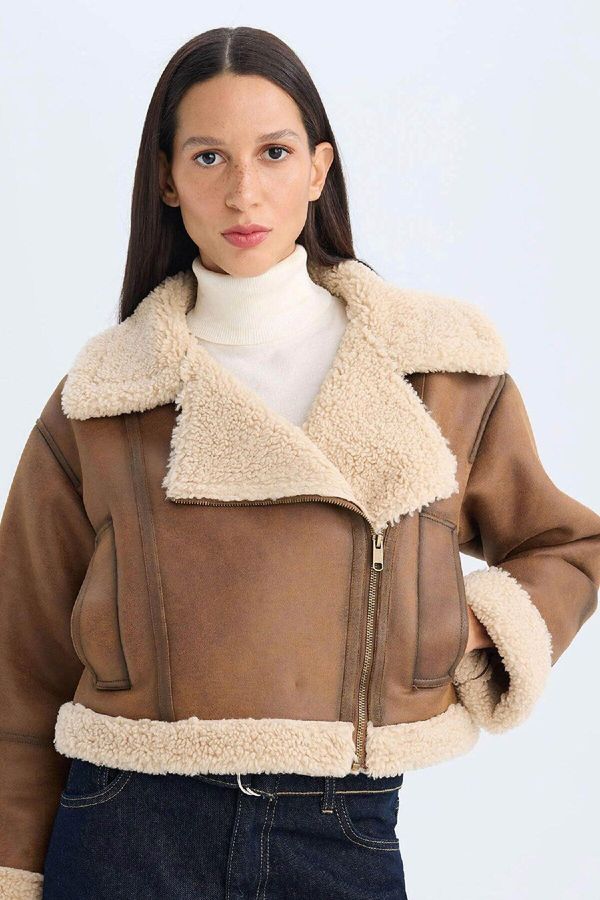 DEFACTO DEFACTO Double Breasted Zipper Closure Pocket Seasonal Plush Lined Jacket Coat