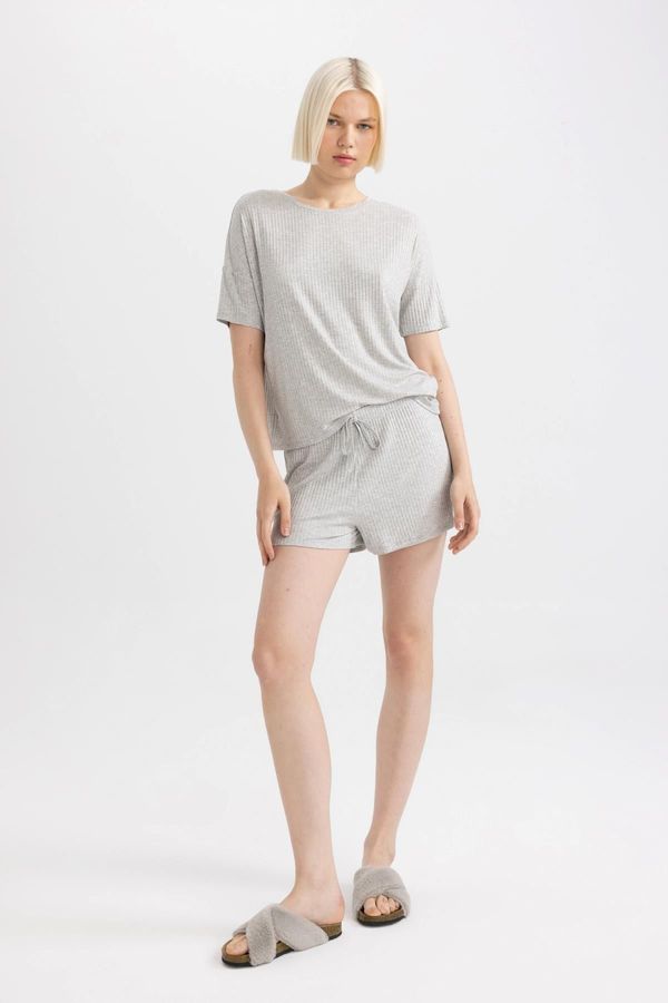 DEFACTO DEFACTO Fall in Love Ribbed Short Sleeve Pajama Set with Shorts