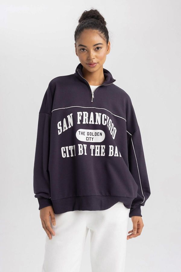 DEFACTO DEFACTO Fit Oversize Fit Printed Zipper High Neck Sweatshirt