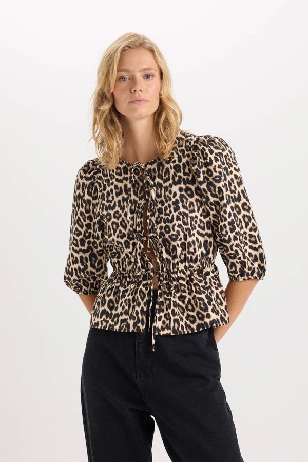 DEFACTO DEFACTO Fitted Round Neck Leopard Print Tie Front Poplin Long Sleeve Blouse