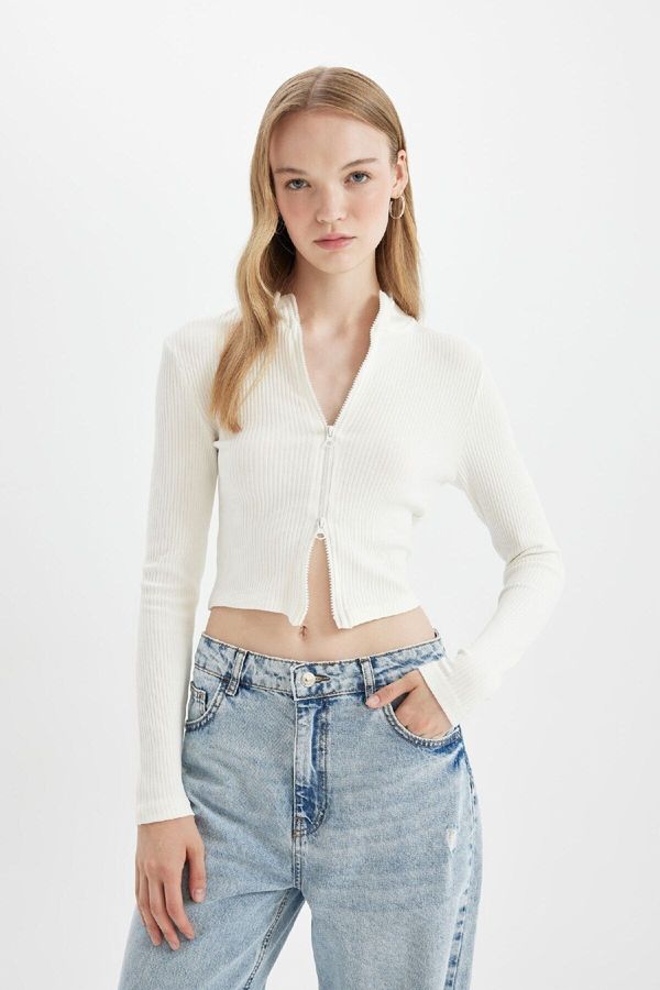 DEFACTO DEFACTO Fitted Stand Collar Basic Plain Zippered Ribbed Camisole Crop White Cardigan