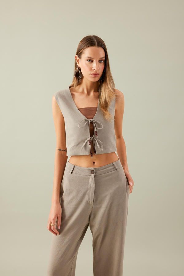 DEFACTO DEFACTO Fitted V-Neck Linen Blend Lace-up Vest