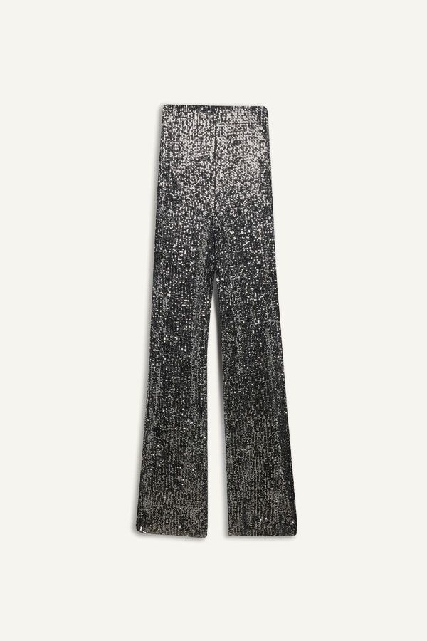 DEFACTO DEFACTO Flare Fit High Waist Standard Length Sequined Black Stylish Trousers