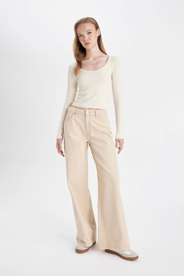 DEFACTO DEFACTO Gabardine Beige Trousers Wide Leg Wide Leg Regular Waist Plain Basic