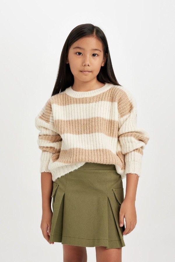 DEFACTO DEFACTO Girl Beige Striped Regular Fit Crew Neck Knitwear Sweater