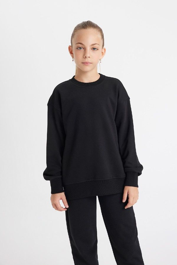 DEFACTO DEFACTO Girl Black Relax Fit Crew Neck Cotton Basic Plain School Sweatshirt