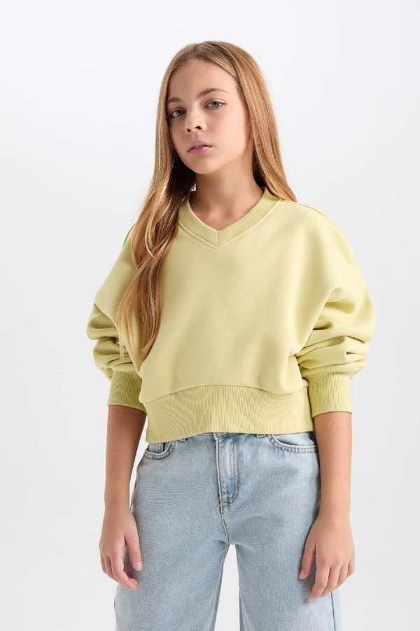 DEFACTO DEFACTO Girl Crop V Neck Basic Plain Sweatshirt