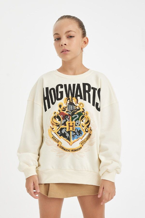 DEFACTO DEFACTO Girl Ecru Harry Potter Oversize Fit Wide Pattern Crew Neck Sweatshirt