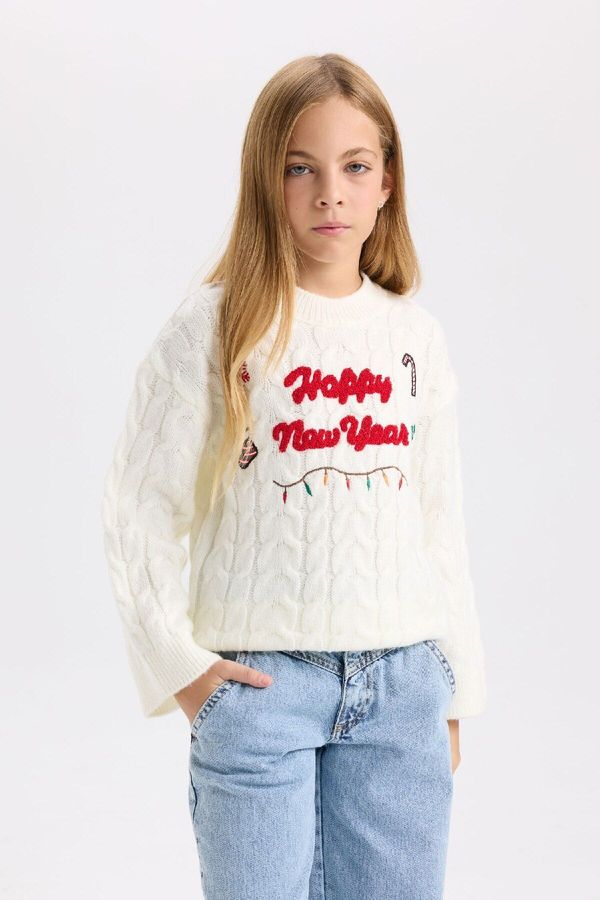 DEFACTO DEFACTO Girl Ecru Oversize Fit Wide Pattern Crew Neck Christmas Themed Knitwear Sweater