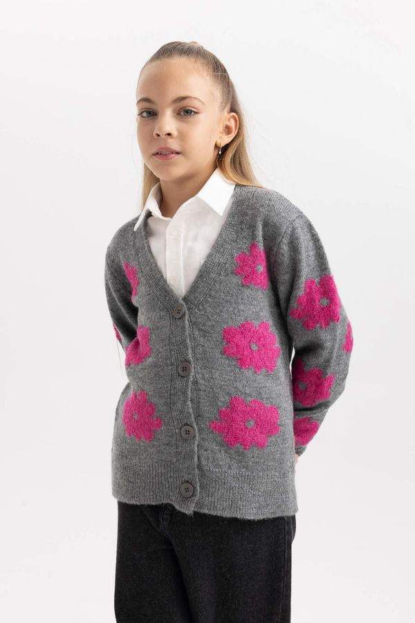 DEFACTO DEFACTO Girl Floral V Neck Knitted Cardigan