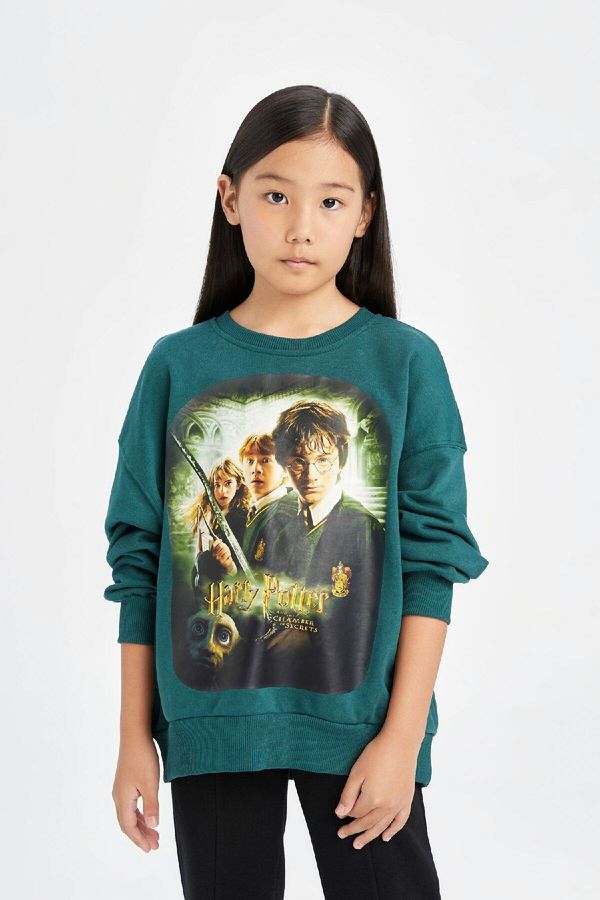 DEFACTO DEFACTO Girl Green Harry Potter Oversize Fit Wide Pattern Crew Neck Sweatshirt