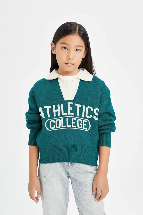 DEFACTO DEFACTO Girl Green Regular Fit Polo Collar Text Patterned Knitwear Sweater