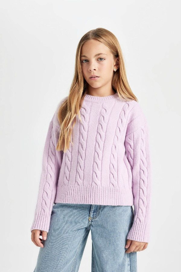 DEFACTO DEFACTO Girl Lilac Regular Fit Crew Neck Hair Knitted Sweater