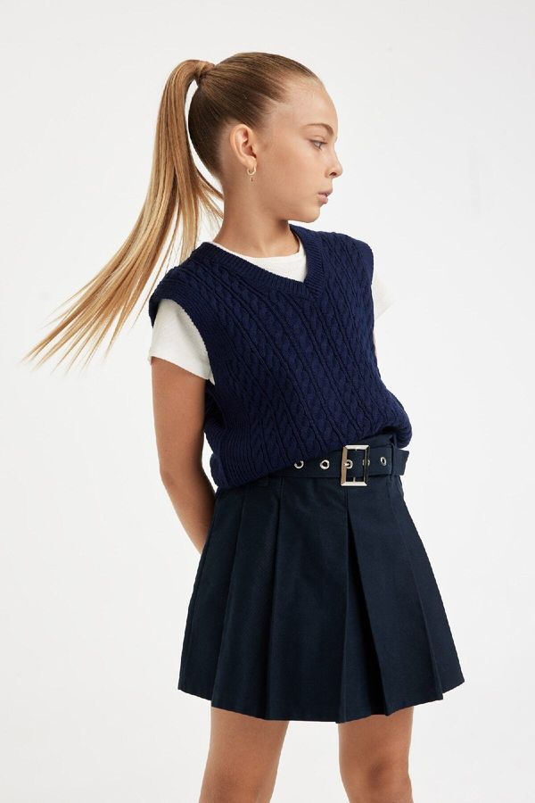 DEFACTO DEFACTO Girl Navy Blue Standard Fit V Neck Knitted Patterned Sweater