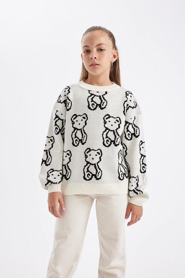 DEFACTO DEFACTO Girl Oversize Fit Wide Pattern Crew Neck Teddy Bear Patterned Knitwear Sweater