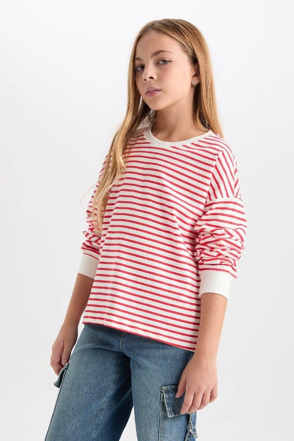 DEFACTO DEFACTO Girl Relax Fit Crew Neck Striped Sweatshirt