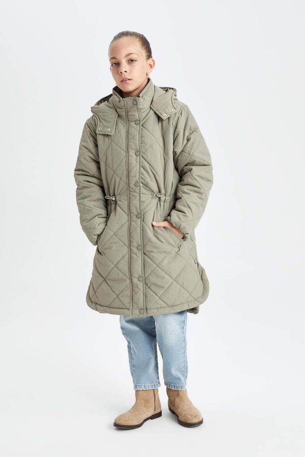 DEFACTO DEFACTO Girl Water Repellent Hooded Zippered Snap Pocket Long Coat Parka