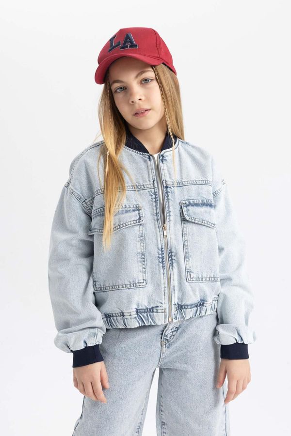 DEFACTO DEFACTO Girls College Collar Zippered Pocket Seasonal Light Thin Jean Bomber Jacket