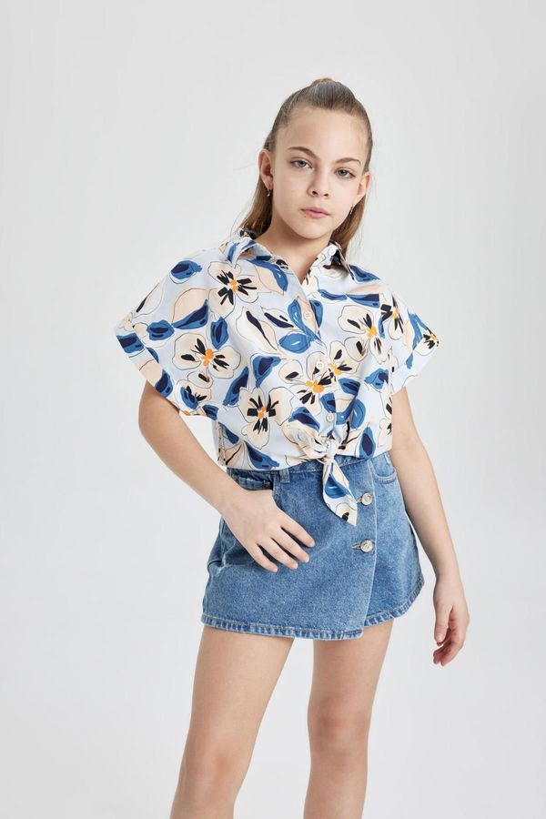 DEFACTO DEFACTO Girl's Crop Patterned Cotton Short Sleeve Shirt